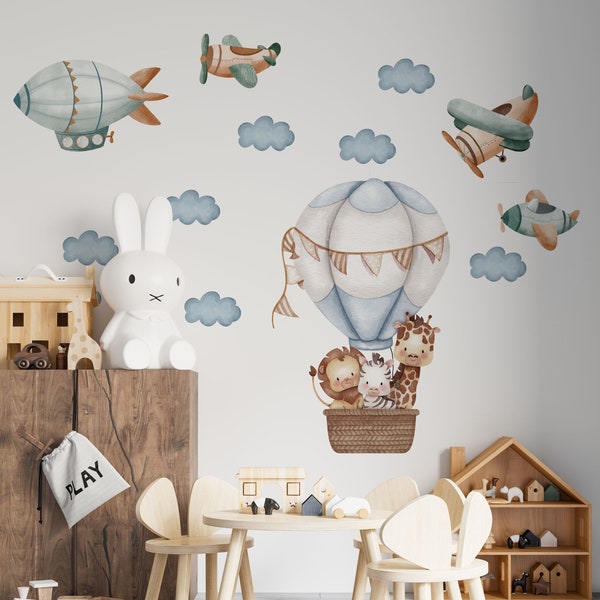 Safari animal decor for nursery room, Hot air balloons with animals wall decals, savanna nursery animals for kids room