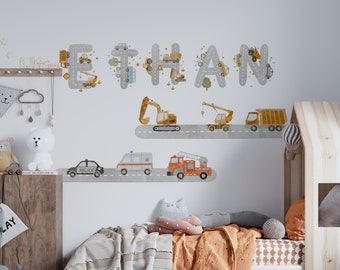 Personalized Name  wall stickers,  Nursery Boys Cars Wall Decal, Construction Wall Decals, Kids Transport Wall Decal