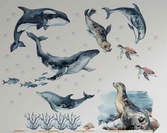 Décalcomanie murale océan, décalcomanie murale baleine, décalcomanie murale sous la mer, stickers muraux océan, sticker mural animaux marins, vie océanique avec baleine