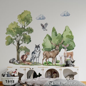 forest wall decals, woodland wall decals, woodland wall stickers, wall stickers, wolf decal,  Nursery woodland forest trees