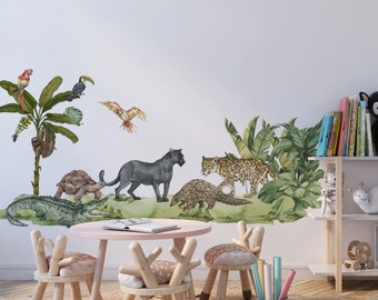 Pegatinas de la selva, pantera negra, pegatinas de la selva, pegatinas para la pared de la guardería, pegatinas para la habitación de los niños, pegatina de la selva para la guardería, pegatinas de la selva