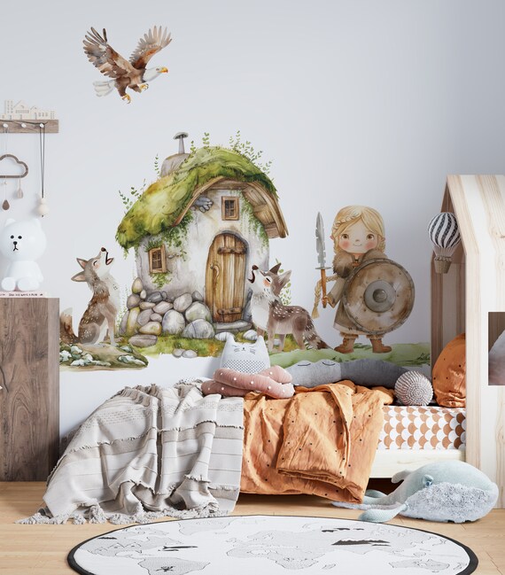 Viking Wall Decals: Kids Room Stickers, Nordic Warrior, Wolf, Eagle (Matte Finish)
