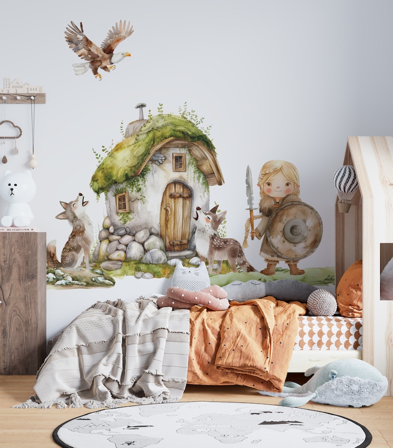 May include: A watercolor illustration of a girl warrior with a sword and shield, standing in front of a small stone house with a green roof. Two wolves are howling at the house, and an eagle is flying overhead.