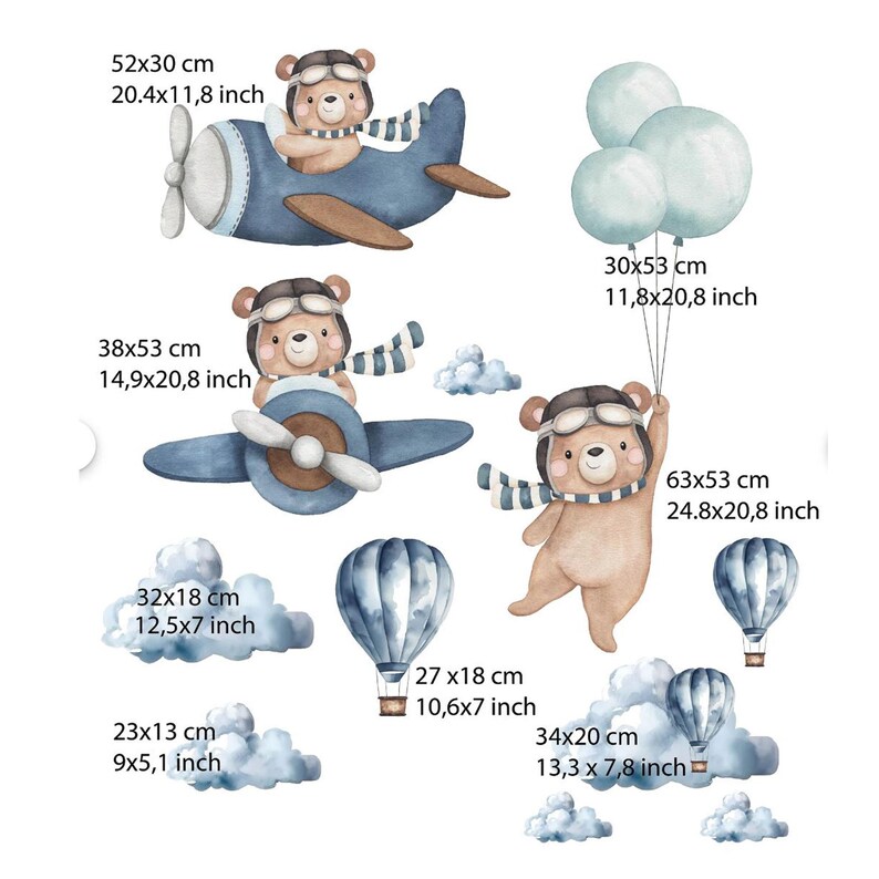 May include: A set of wall decals featuring brown bears in aviator gear, blue airplanes, hot air balloons, and clouds. Dimensions include 20.4x11.8 inches, 11.8x20.8 inches, 14.9x20.8 inches, 24.8x20.8 inches, 12.5x7 inches, 10.6x7 inches, 9x5.1 inches, and 13.3x7.8 inches.