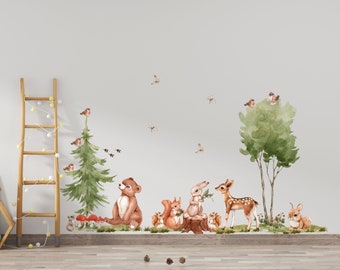 May include: A set of watercolor wall decals featuring a brown bear, a deer, rabbits, squirrels, and birds in a forest setting with green trees, red mushrooms, and butterflies. The design includes a wooden ladder with lights on the left side.