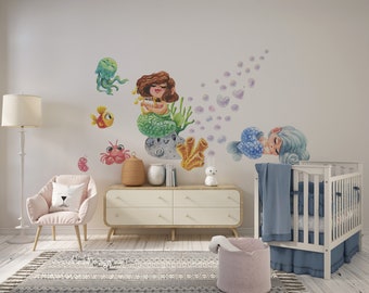 Mermaid Wall Decal Sea Wall Decal Nursery Wall Decal Sea World Watercolour Little Mermaid Ocean Nursery Decor
