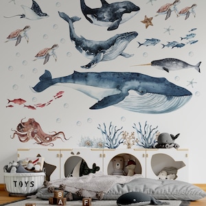 Ocean animal wall decals for nursery room, delightful blue whale wall stickers for kids room, ideal birthday gift for children