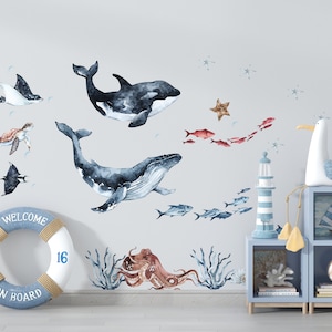 Décal Mural Monde Sous-marin – Baleine, Pieuvre, Tortue – Autocollant Décoratif Enfant