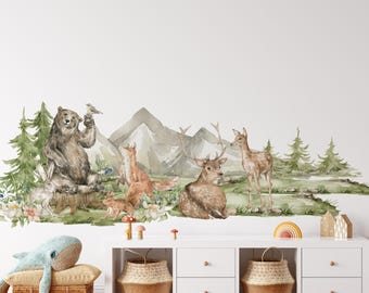 woodland nursery wall stickers, woodland nursery decal, bear wall sticker, bunny wall decals, kids room wall stickers