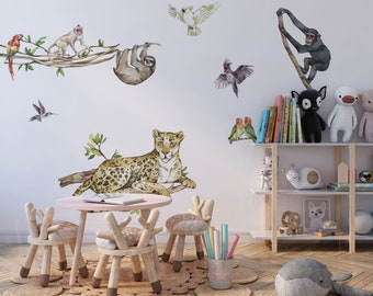 Safari Wall Stickers Big Set for Nursery Room Removable Peel and Stick Savanna Decals with Monkey and Cheetah