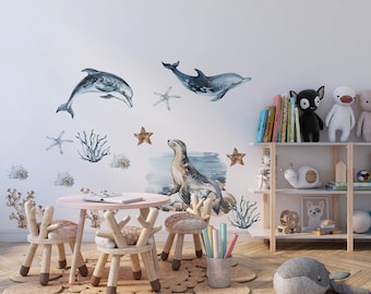 Sea World Ocean Wall Decal for Kids Room Ocean Life Wall Stickers for Nursery Dolphin Seal Jellyfishes