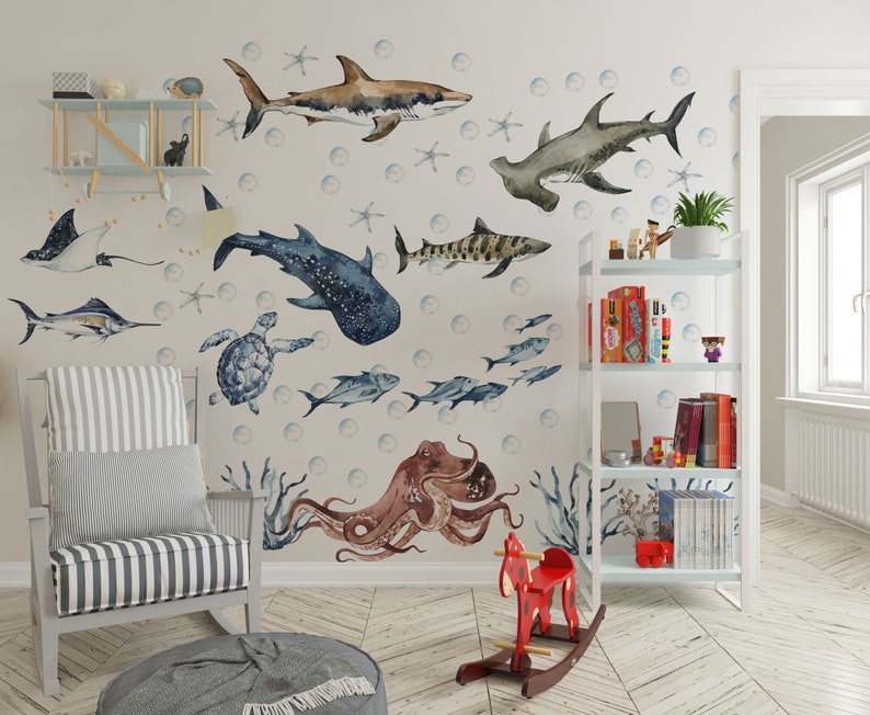 Ocean Wall Decal Shark Wall Decal Under the Sea Wall Decal Etsy