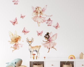 Pegatinas de hadas para la pared de la habitación de niñas / Pegatinas de mariposas y cervatillos en acuarela / Decoración infantil removible