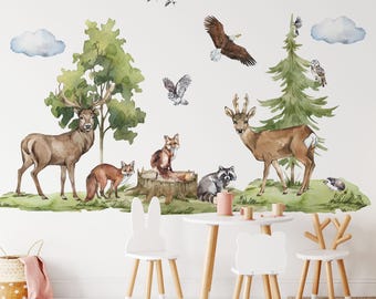 forest wall decal, woodland wall decal, woodland wall stickers, woodland decals, tree wall decal, fox decal, deer wall decal,