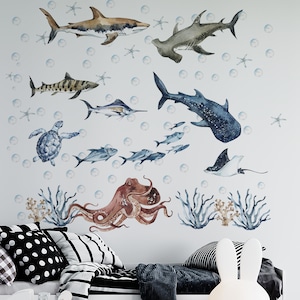 shark wall decal, under the sea wall decal, wall decals nursery ocean, ocean animal wall decal, sea animals wall sticker,
