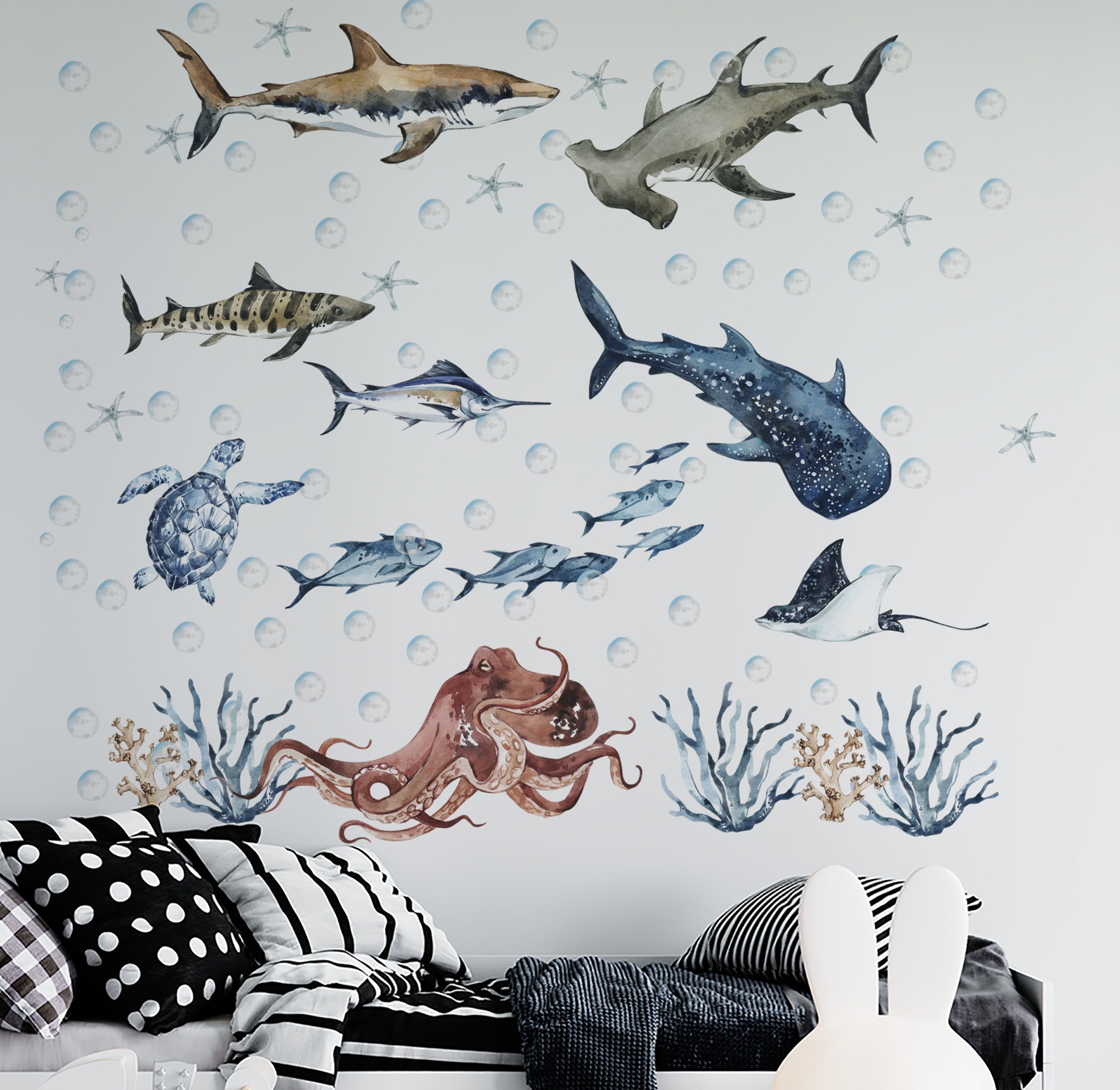 Ocean Wall Decal Shark Wall Decal Under the Sea Wall Decal Etsy