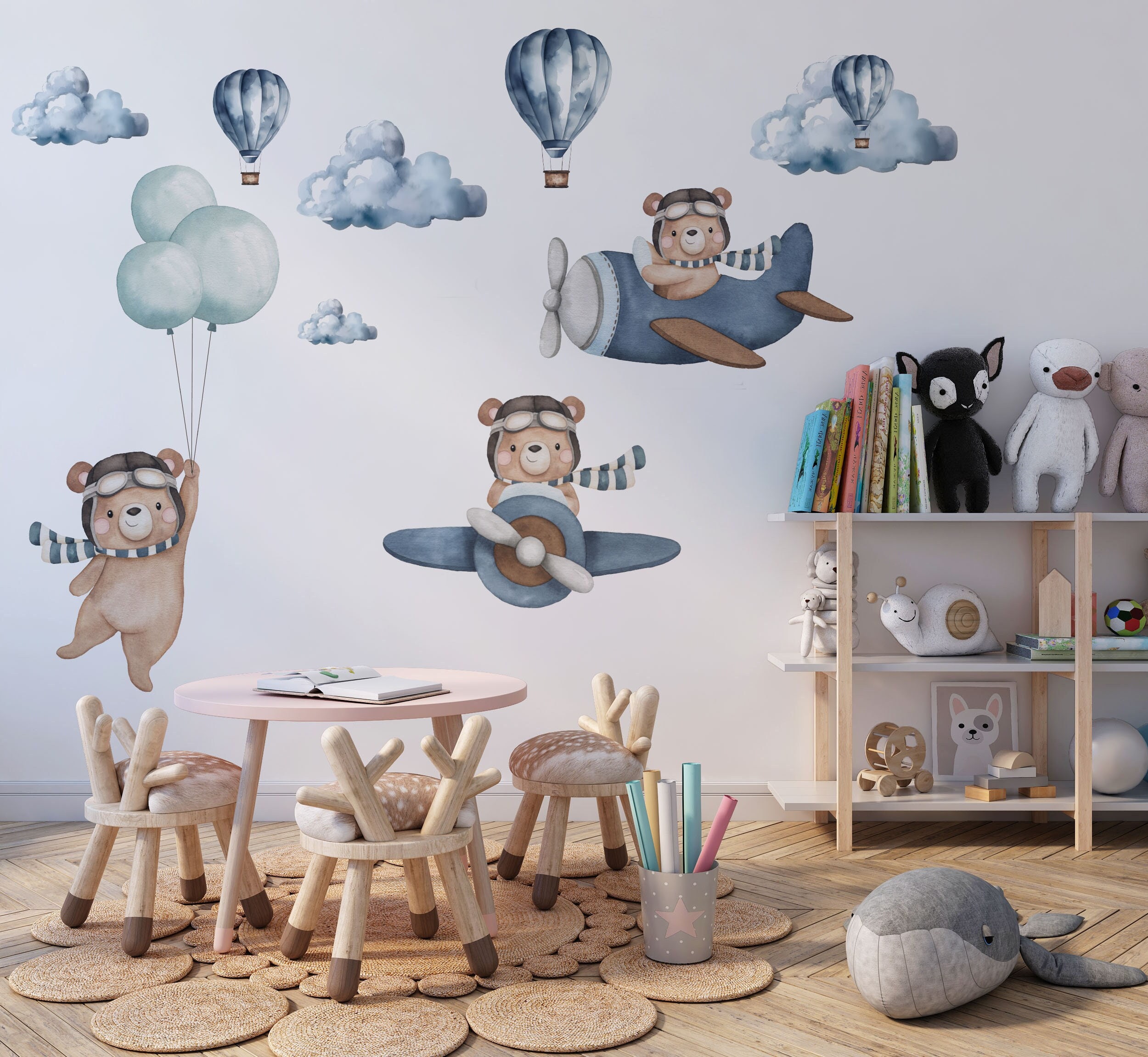 nursery bear wall decals, hot air ballon wall decals, plane wall decals, wall decals nursery, kids wall decals