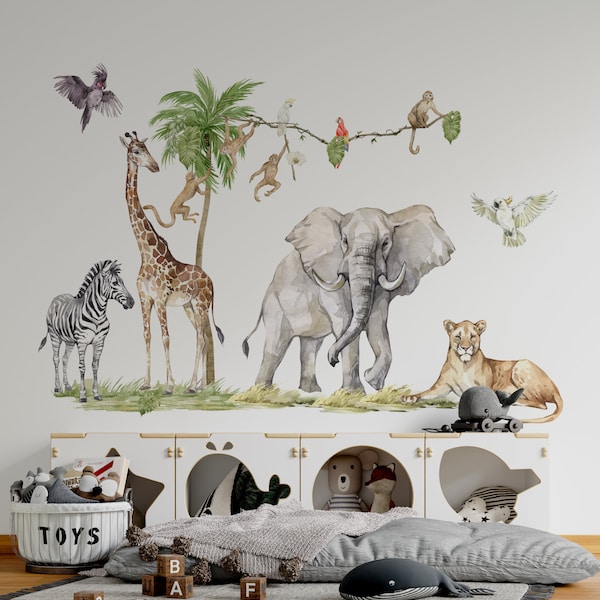 stickers muraux safari, décoration de chambre d'enfant safari, sticker mural safari, stickers muraux jungle, sticker mural jungle, stickers muraux enfants, sticker éléphant