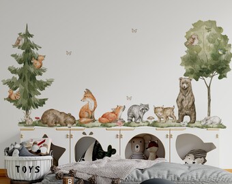 forest wall decals, nursery decal, woodland wall decals, forest decal, woodland wall stickers, tree wall decal, wolf wall decal, kids decal