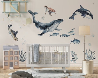 Ocean Animal Wall Decals for Nursery Room Under the Sea Wall Decals for Kids Room Blue Ocean Nursery Decor Whale Dolphin