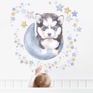 Puppy on Moon Wall Decals: Pastel Nursery Decor