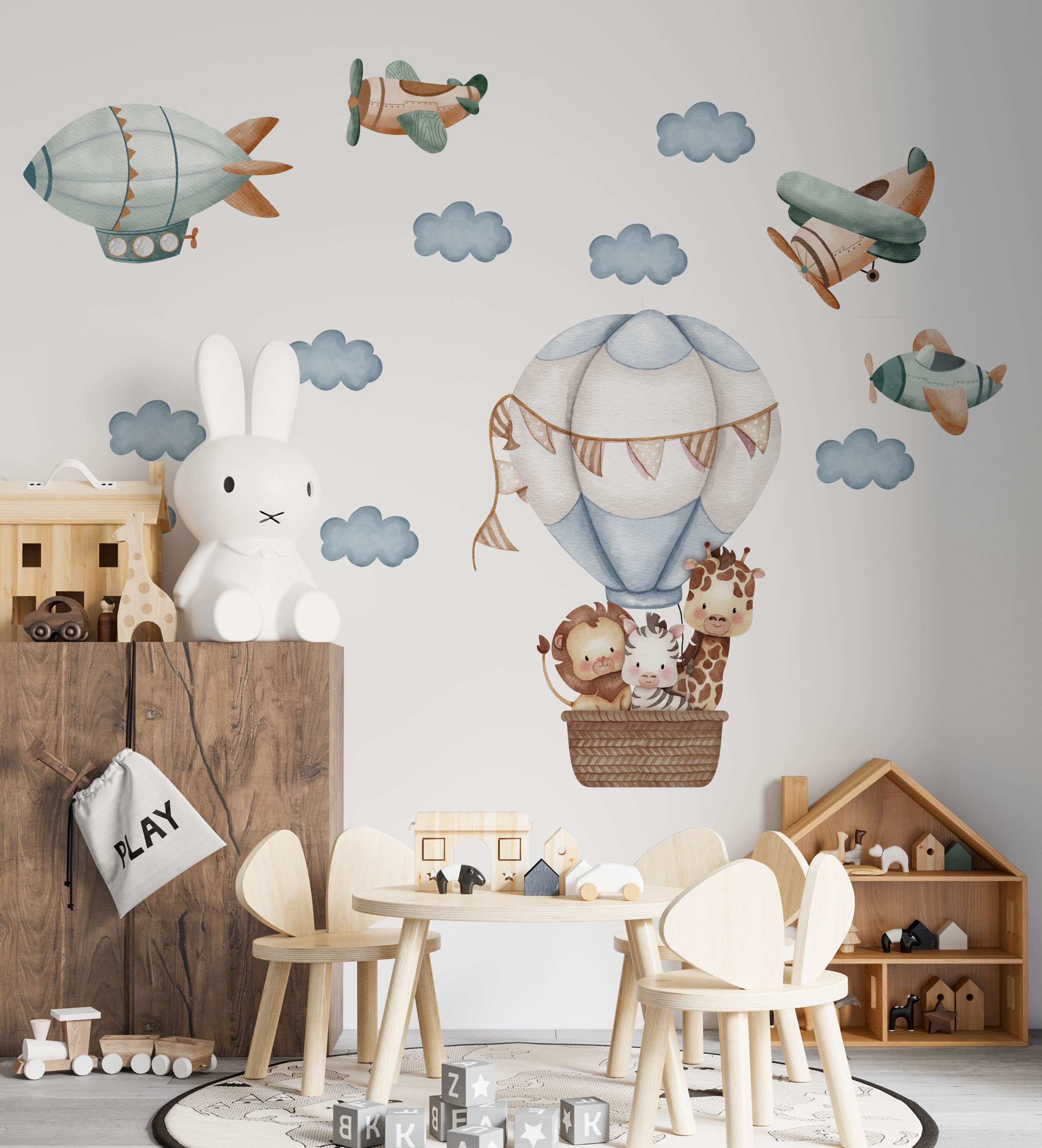 Safari animal decor for nursery room, Hot air balloons with animals wall decals, savanna nursery animals for kids room