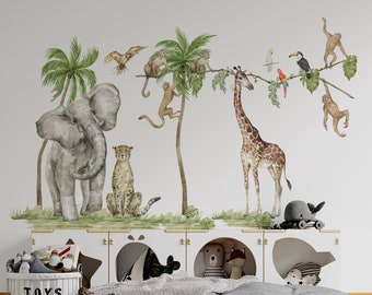 stickers muraux safari, sticker mural safari, sticker mural savane pour enfants, décoration de chambre d'enfant safari, sticker mural girafe, stickers éléphants,