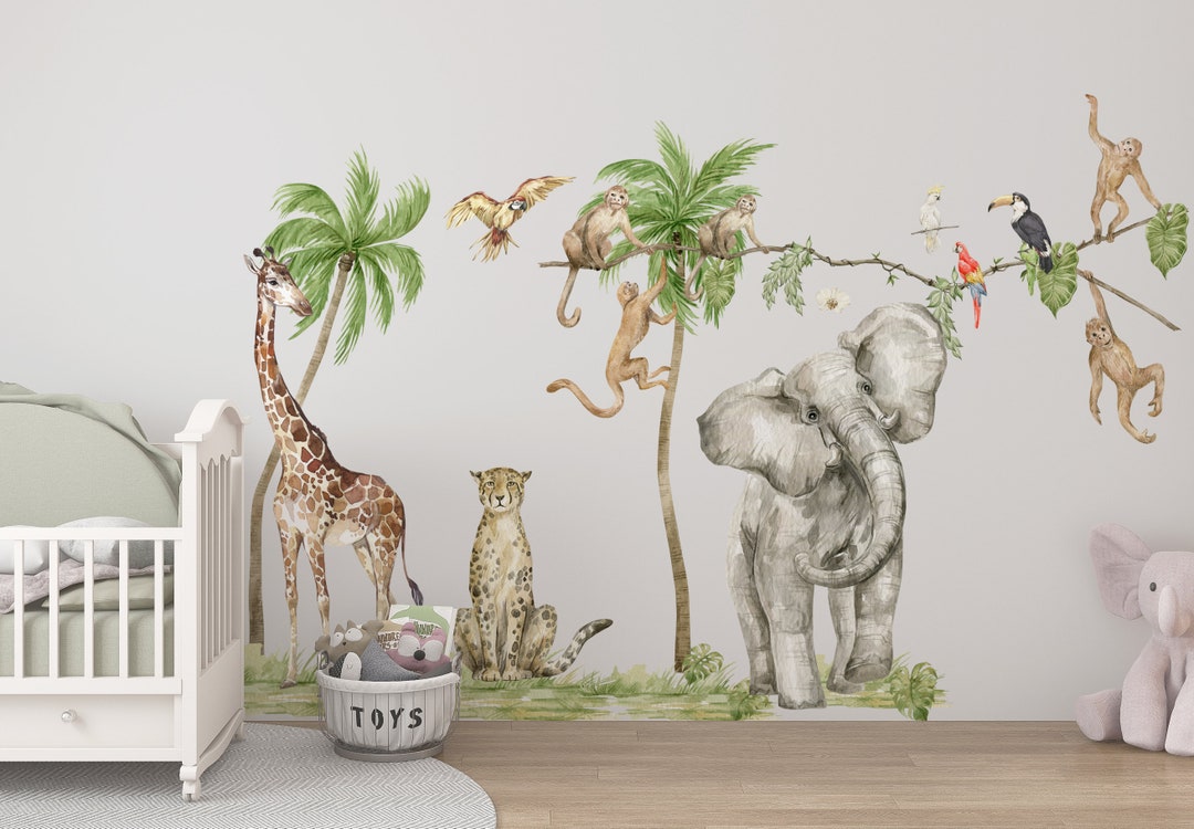 XXL Safari Nursery Wall Decals for Kids Room, Elephant With Giraffe and ...