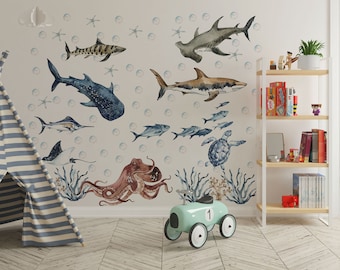 ocean wall decal, shark wall decal, under the sea wall decal, wall decals nursery ocean, ocean animal wall decal, sea animals wall sticker,