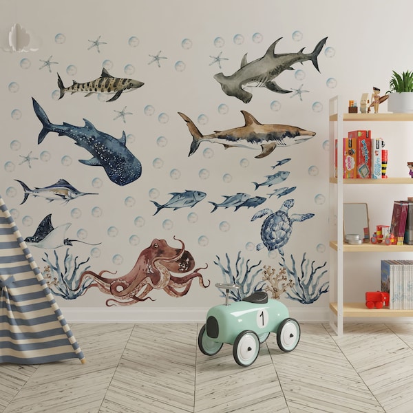 ocean wall decal, shark wall decal, under the sea wall decal, wall decals nursery ocean, ocean animal wall decal, sea animals wall sticker,