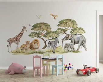 Safari wall decals for kids room, elephant and lions wall decals, savannah nursery wall stickers