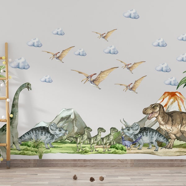 Sticker mural dinosaure, Jurassique dans une chambre de garçon, stickers muraux dinosaures, sticker mural T-rex, art mural dinosaure, décoration dinosaure