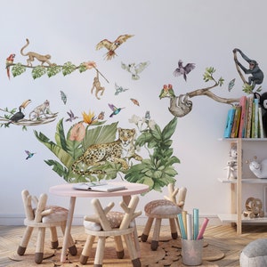 Vinilo decorativo de pared XXL con temática de la jungla, pegatinas de pared con motivos de la jungla, vinilo decorativo de pared con estampado de guepardo, vinilos decorativos para habitaciones infantiles, vinilos decorativos para habitaciones de niños, vinilo decorativo de mariposa