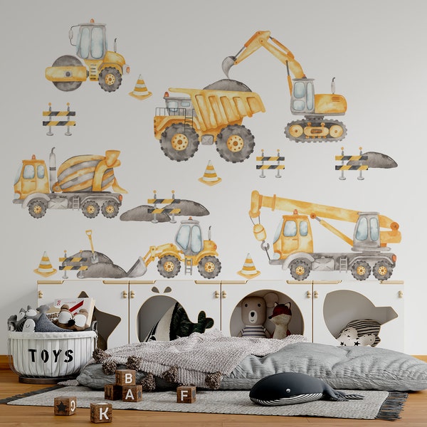 excavator Machines wall decals, Vehicle Wall Sticker, Nursery Boys Cars Wall Decal, Construction Wall Decals, Kids Transport Wall Decal
