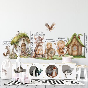 May include: A set of watercolor-style wall decals featuring a whimsical woodland scene with a small cottage, a wolf, a rabbit, a deer, a viking warrior, a female warrior, a male archer, and an eagle. The decals are perfect for adding a touch of fantasy to a child's room.