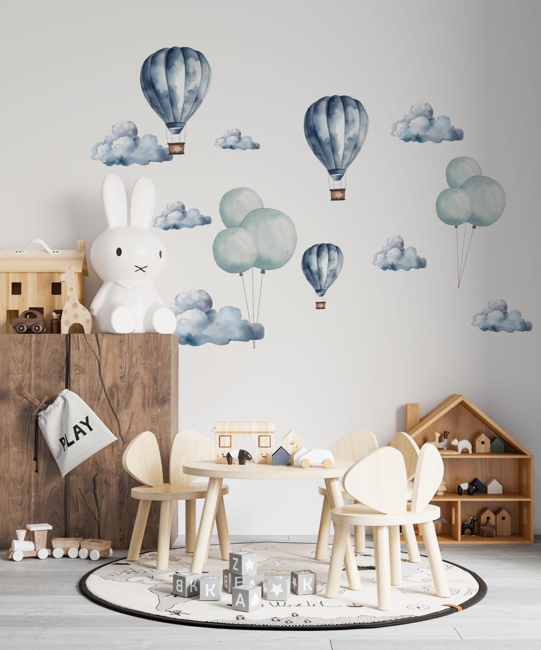 Clouds Wall Decals for Kids Room, Hot Air Balloons Wall Decals, Blue ...