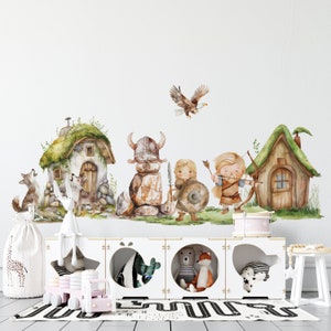 May include: A set of watercolor-style wall decals featuring a viking, a warrior woman, a hunter, two houses, and a flying eagle. The decals are perfect for a child's room or playroom.
