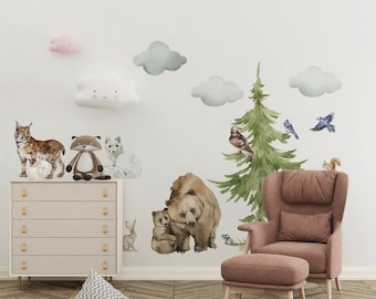 bear wall decal, woodland nursery decals, Nursery woodland forest trees Wall Decals, bear wall sticker, woodland wall mural,