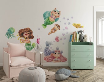 Mermaid wall decal, Nursery wall decal Sea World Watercolour Little Mermaid, girls room wall ocean decal, Sea World Ocean Wall Decal