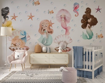 Mermaid wall decal,  mermaid sticker,Nursery Wall Decal Sea World Watercolour Little Mermaid Ocean Nursery Decor Peel and Stick Girls Room