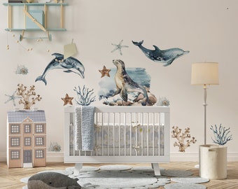Dolphin with Seal Wall Decals Ocean Nursery Wall Stickers Sea Animal Decals for Kids Room Peel and Stick Underwater Baby Room Decor