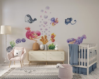 Wall Decal Nursery Wall Decal Sea World Watercolour Little Mermaid Ocean Nursery Decor Peel and Stick Girls Room Wall Art