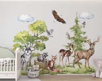 forest wall decals, woodland animals wall decals, forest animals wall decal, woodland decals, tree wall decal, wolf wall decal, kids decal