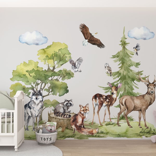 Wald Aufkleber, Waldtiere Wandtattoo, Waldtiere Wandtattoo, Wandtattoo Wolf, Wandtattoo für Kinder, Kinderzimmer Wandtattoo