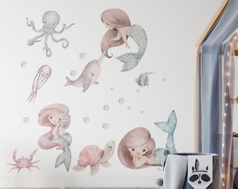 Juego de calcomanías de pared de sirena para niñas, pegatinas de pared de sirena para guardería, arte de pared submarino, decoración de habitación infantil oceánica