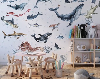 Ocean Animals Wall Decal for Kids and Nursery Sea Animals Wall Sticker Dolphin Seal Sea Turtle Watercolor Peel and Stick Ocean Nursery Decor