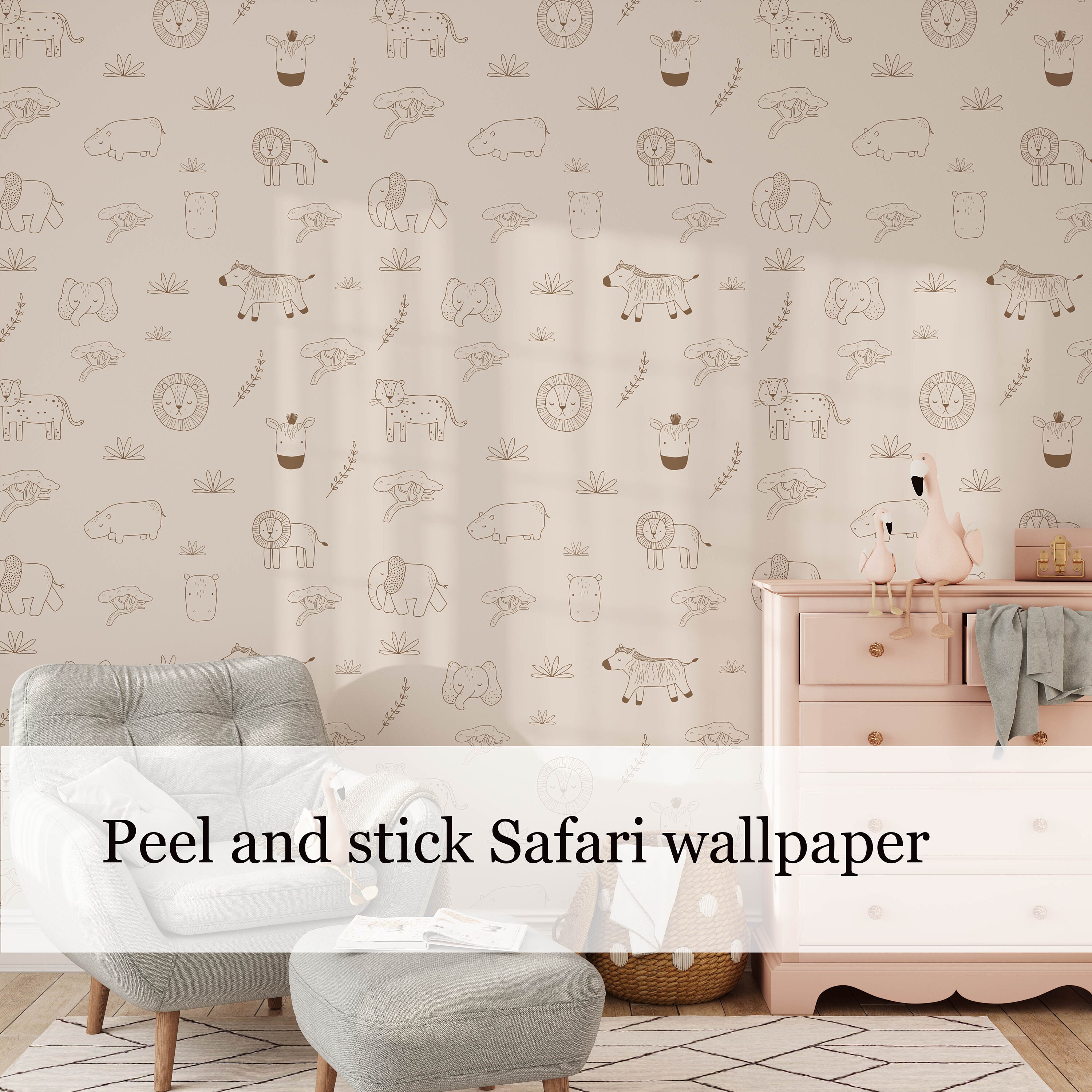 neutral gender safari wallpaper, safari wallpaper peel and stick, simple beige safari wallpaper, nursery wallpaper