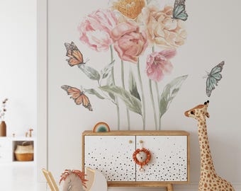 Peony Flowers Wall Sticker, flower decals for nursery, Wildflower Wall Decals, Floral Nursery Decor,  Watercolor Flower Wall Art,