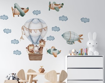 Safari animal decor for nursery room, Hot air balloons with animals wall decals, savanna nursery animals for kids room