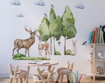 watercolor woodland decals, forest wall decals, forest animals wall stickers, woodland nursery decoration